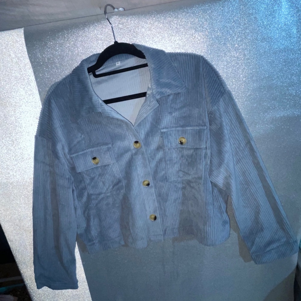 Ladies Blue Corduroy Cropped Button Down Shirt Jacket, XL